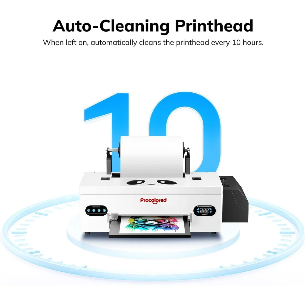 Auto cleaning printhead infographic for the procolored f13 dtf printer showing the 10 hour automatic cleaning cycle on a blue clock ring