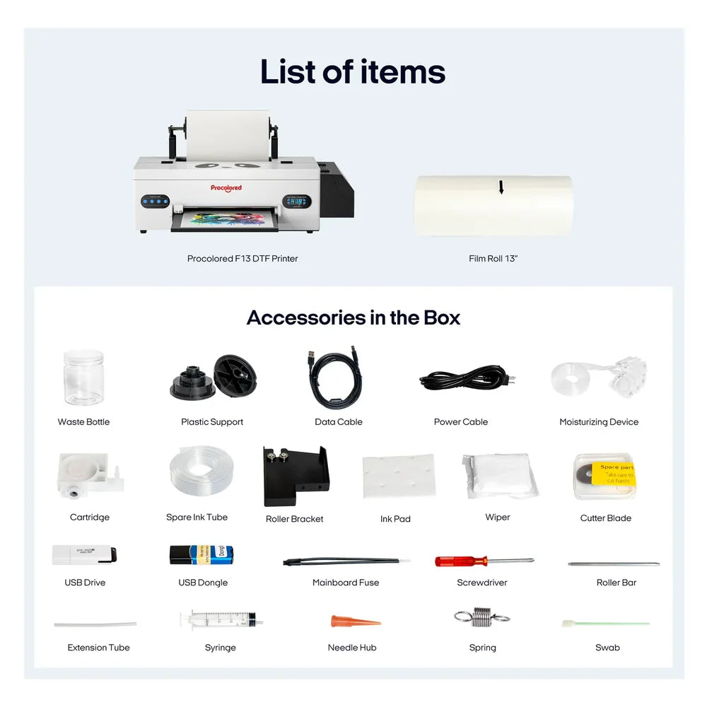 Included items layout for the procolored f13 showing the printer, film roll and boxed accessories like cables, wiper and syringe