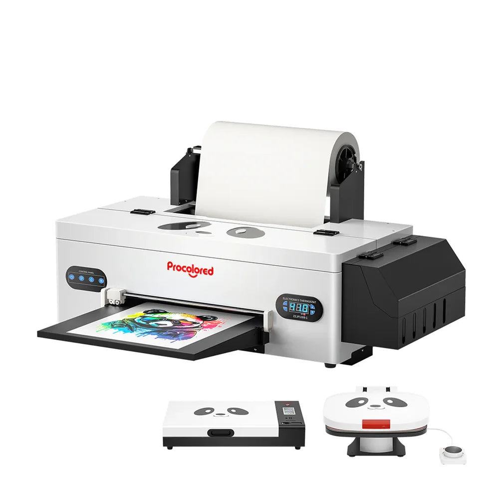 The procolored f13 panda dtf printer 13 a3 1800 displayed with inset views of the curing oven and panda heat press accessories