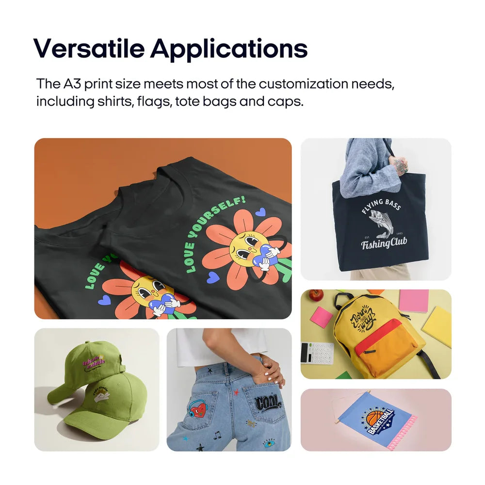 Application collage for the procolored f13 dtf printer showing printed shirts, tote bags, caps, jeans and flags made with A3 transfers