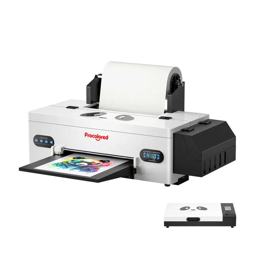 The procolored f13 panda dtf printer 13 a3 1800 shown with an inset of the included white powder curing oven and film roll
