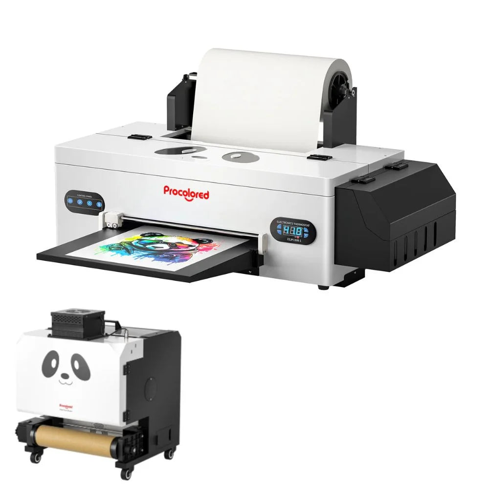The procolored f13 panda dtf printer 13 a3 1800 shown with an inset of the panda powder shaking and drying machine on a cart