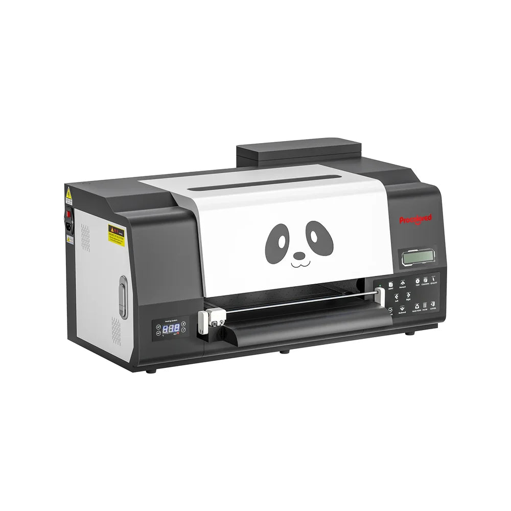 Angled front view of the dual head dtf printer showing side vents, power switch, film roller and control panel