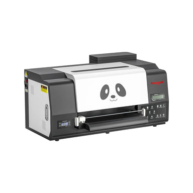 Angled front view of the dual head dtf printer showing side vents, power switch, film roller and control panel