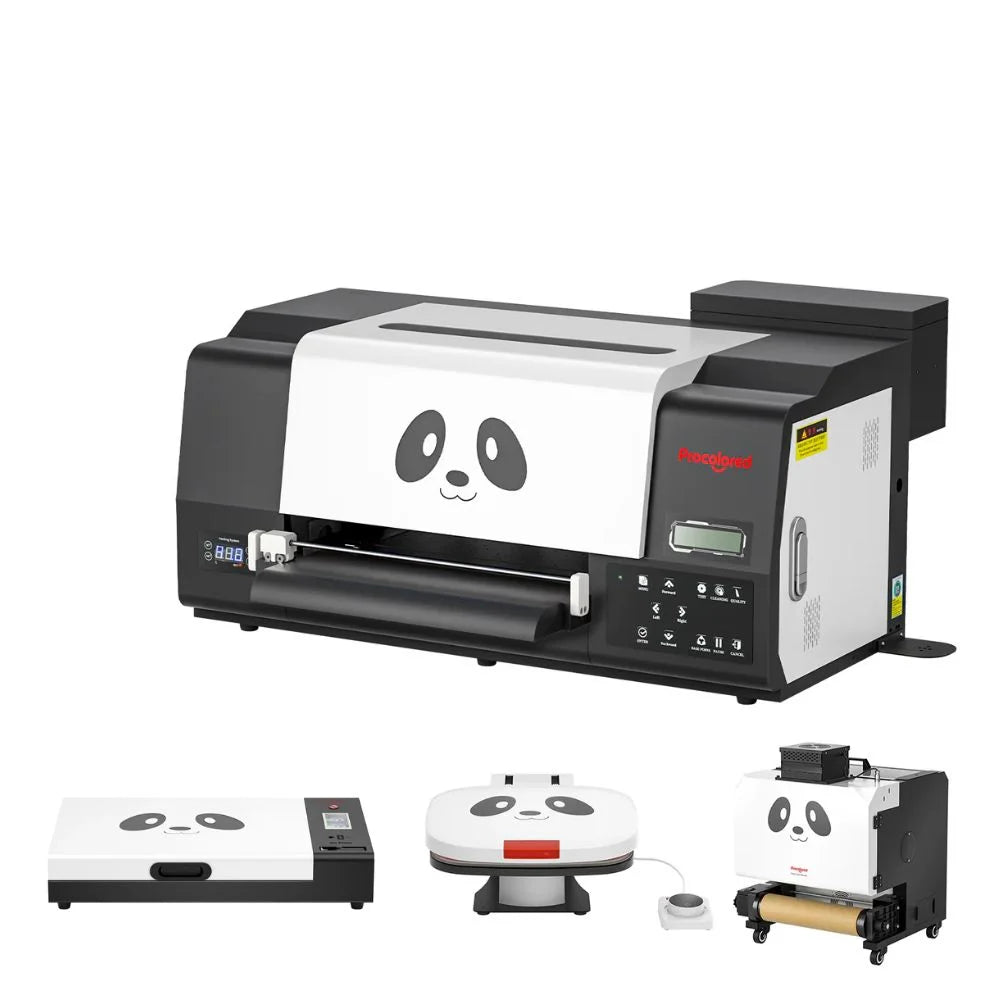 Angled dual head dtf printer with inset oven, heat press and shaker accessories forming a complete DTF workflow