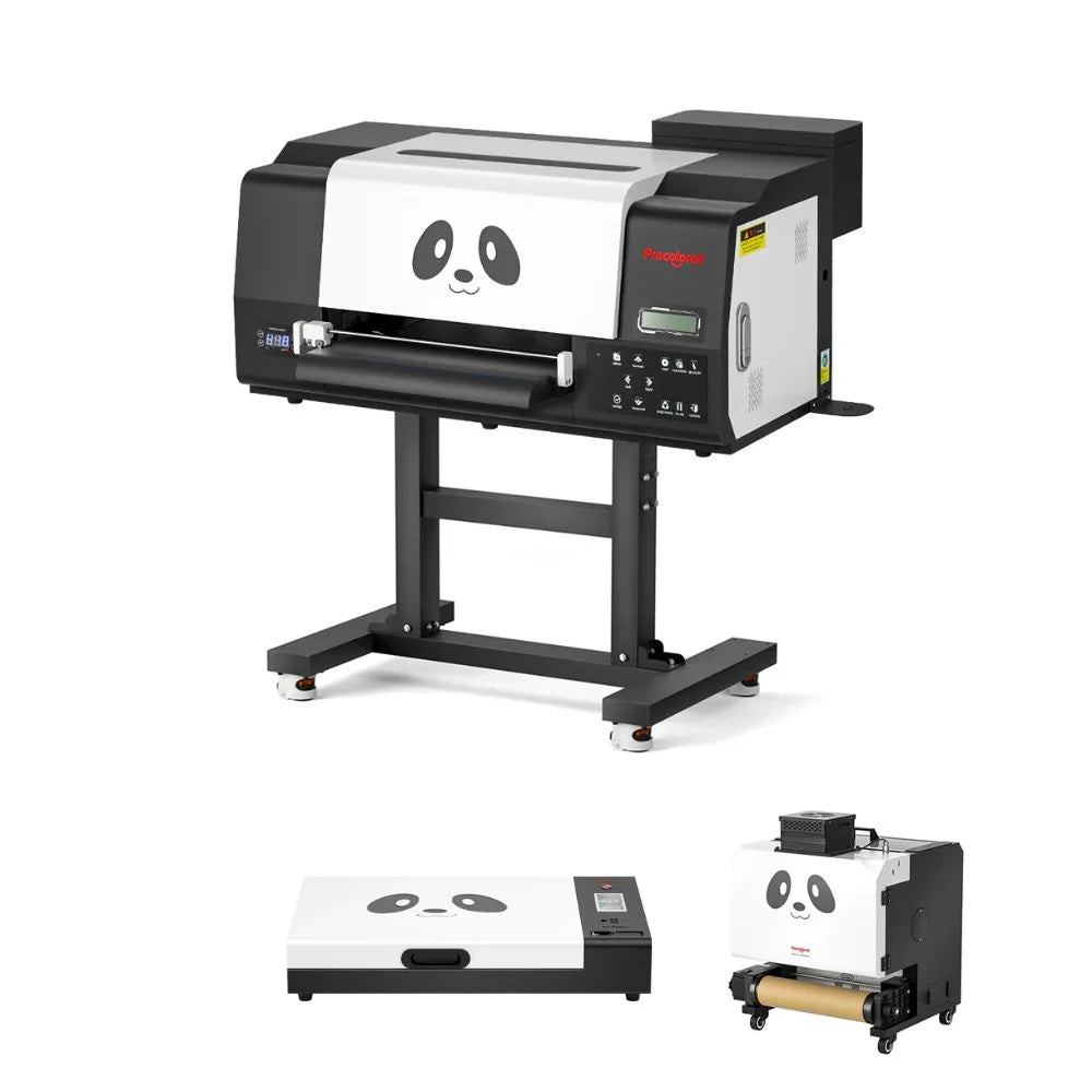 Angled view of the f13 pro on a rolling stand with inset curing oven and powder shaker accessories on white