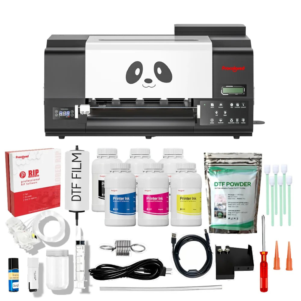 Cover shot of the procolored f13 pro bundle featuring RIP software, DTF film, ink bottles, powder and tools