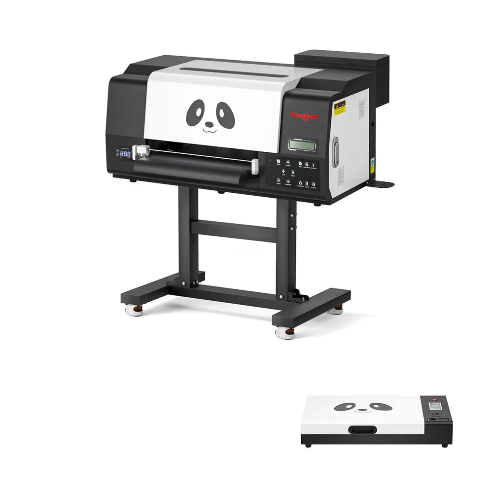 F13 pro panda dtf printer on a rolling stand with an inset curing oven accessory on a clean white background