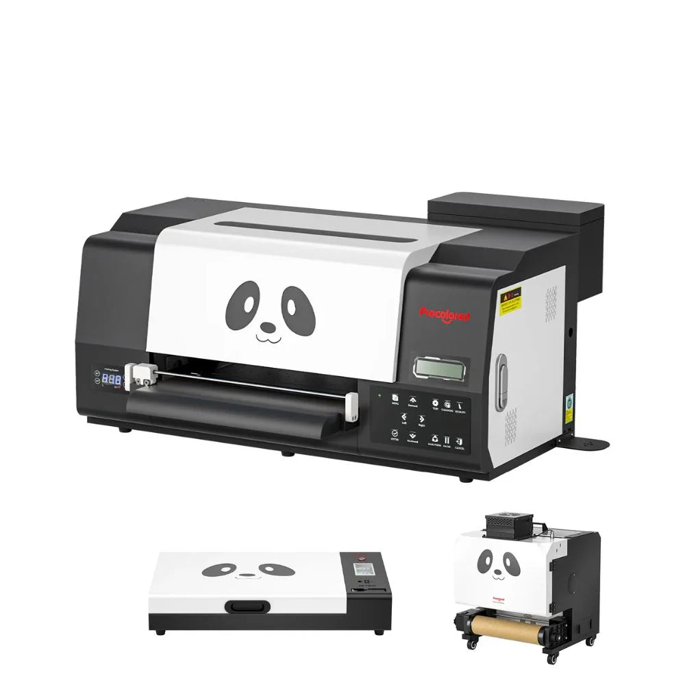 Angled procolored f13 pro panda dtf printer with inset curing oven and powder shaker accessories on white