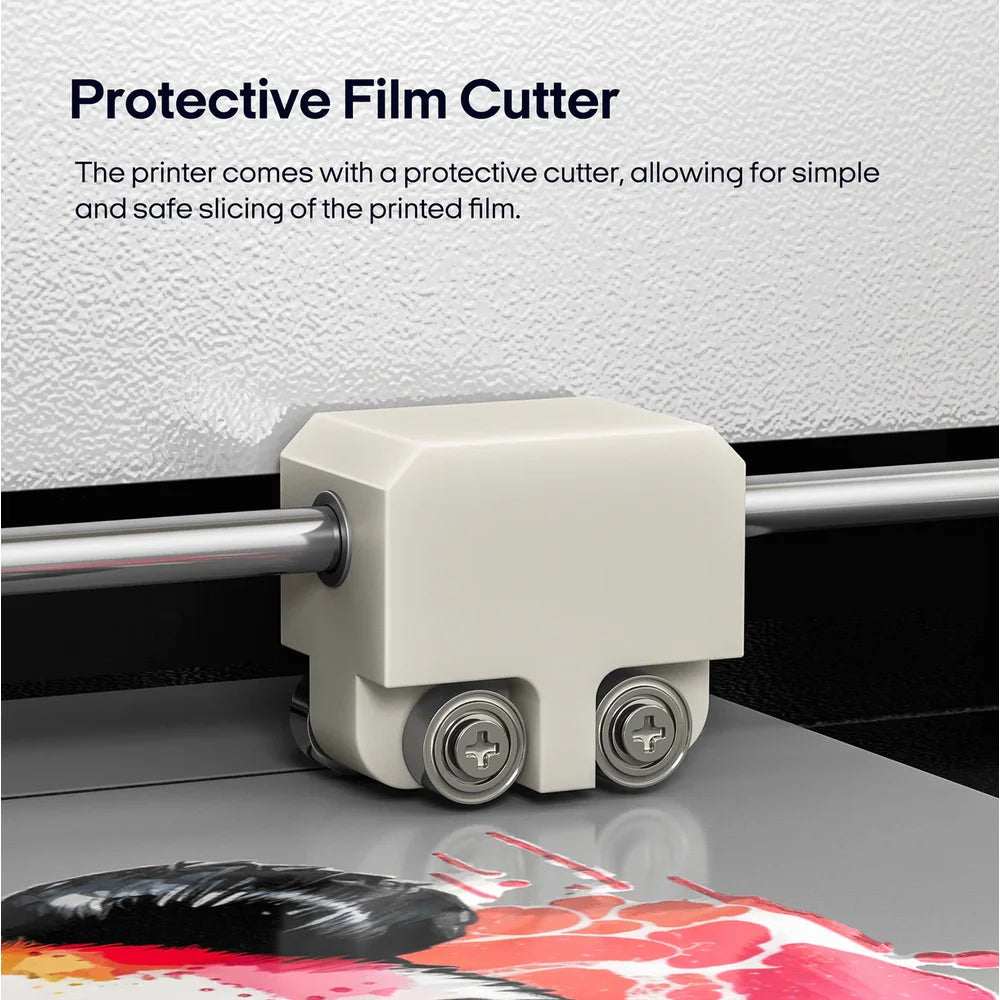 Close-up of the procolored f13 panda protective film cutter head on the rail slicing printed transfer film safely