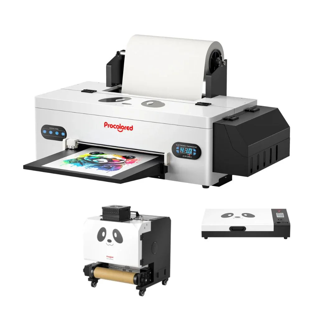 The procolored f13 panda dtf printer shown alongside the powder shaker machine and white panda powder curing oven accessories