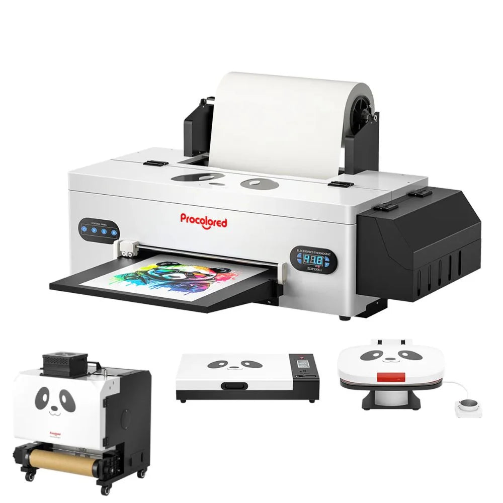 The procolored f13 panda dtf printer displayed with the powder shaker, curing oven and heat press machine accessory options
