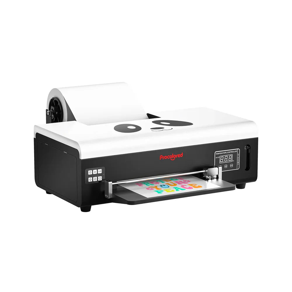 Angled left view of the procolored a4 dtf printer with roll film loaded and a colorful transfer on the output tray