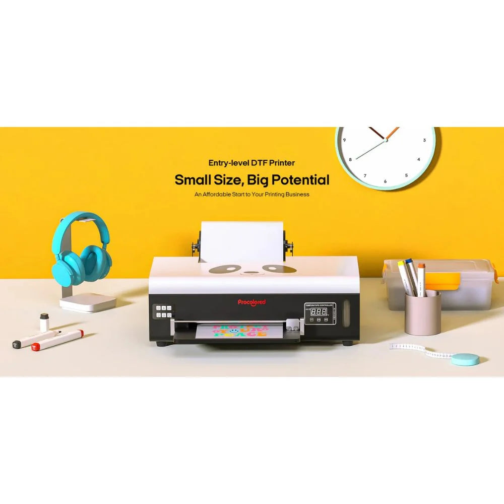 Compact impresora dtf procolored shown on a desk with headphones and tape measure highlighting small desktop footprint