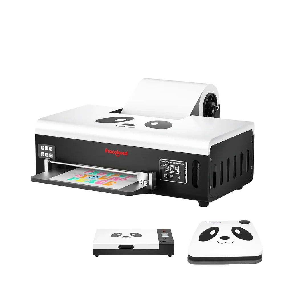 Angled procolored l800 dtf printer with roll film shown beside top view and panda heat press insets