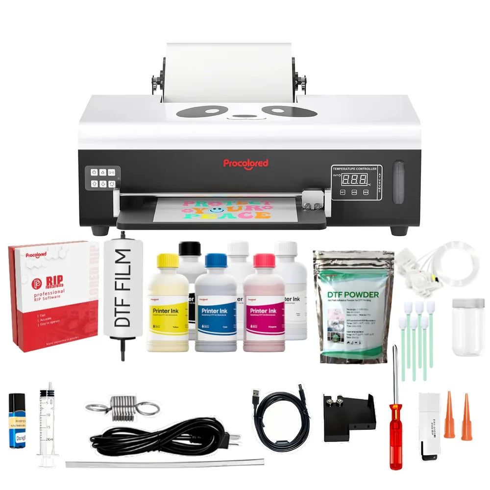 Procolored l800 dtf printer shown with its full kit of inks, RIP software, film, powder, cables, and cleaning tools
