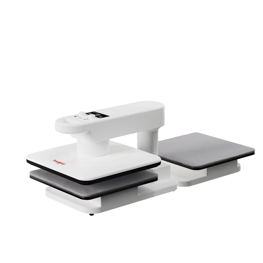 Low-angle Procolored H15 Auto Heat Press with one platen under the heater and a second station at right