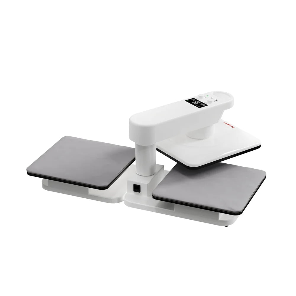 Angled Procolored H15 Swing-Away Heat Press with two gray workstations and a white upper heating plate