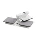 Angled Procolored H15 Swing-Away Heat Press with two gray workstations and a white upper heating plate