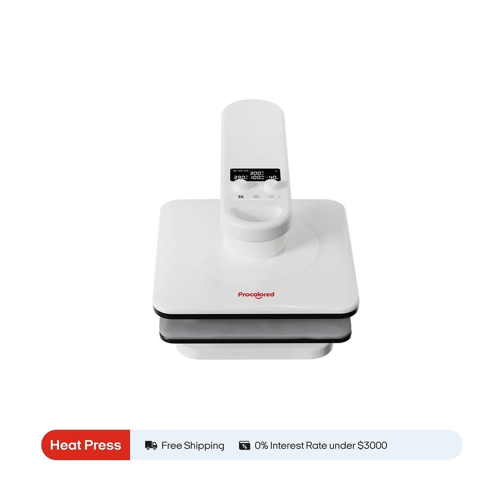 Front Procolored H15 Dual Station Heat Press model above a banner for shipping and installment financing