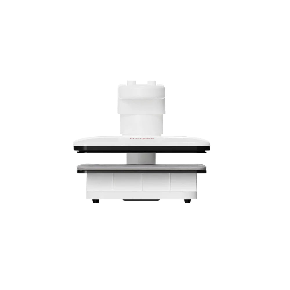 Centered end view of the Procolored H15 Auto Heat Press showing the aligned heater and padded workstation