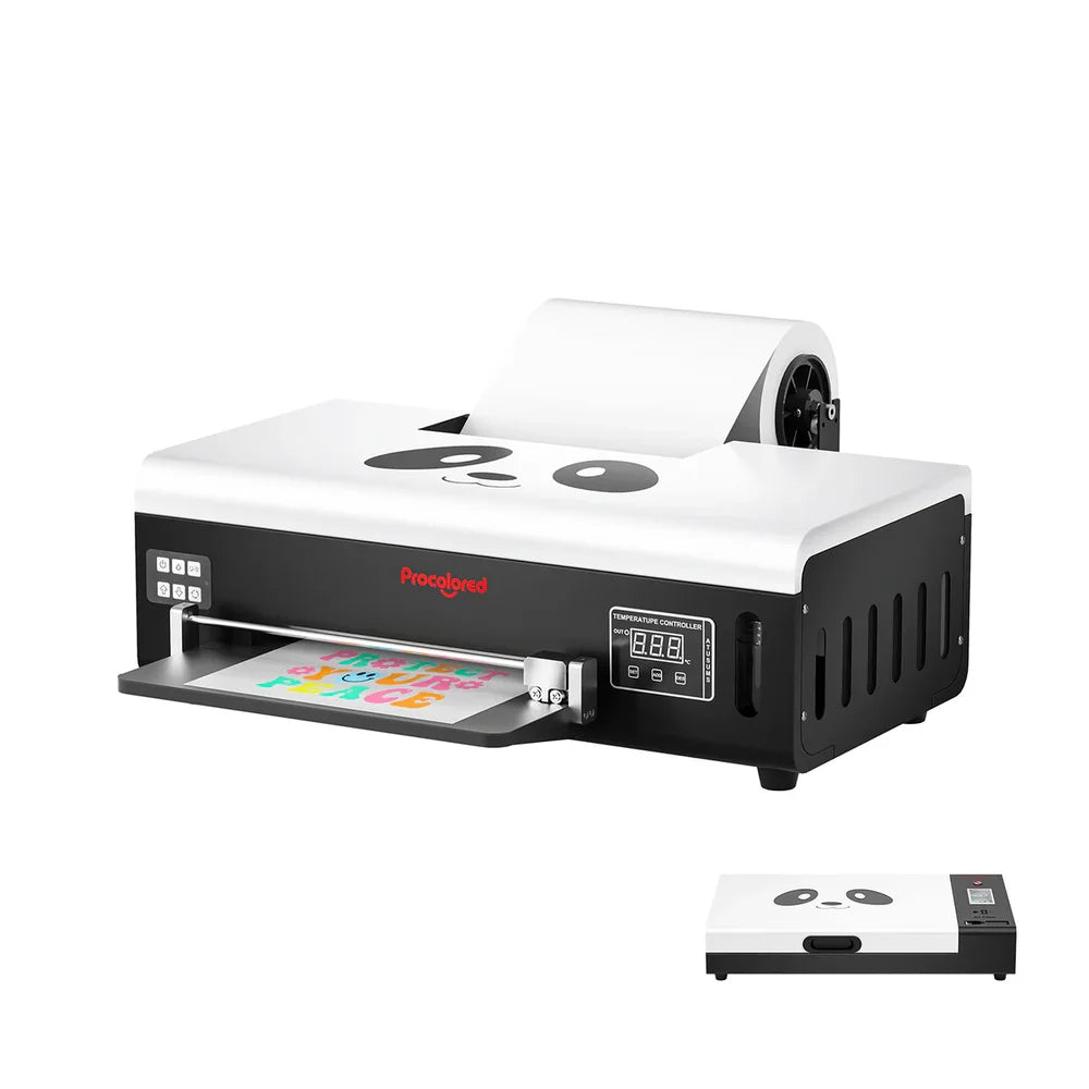 Front-right angle of the impresora dtf procolored with roll film and printed transfer plus a top view inset