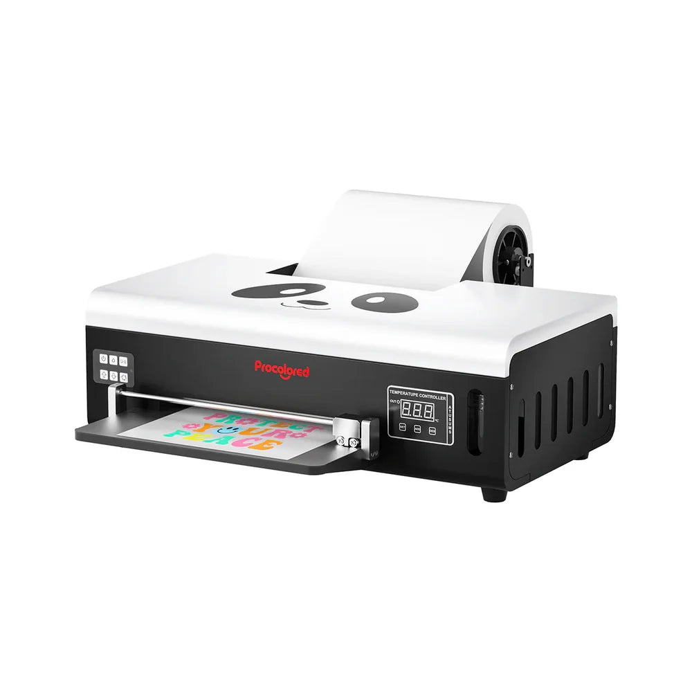 Side angle of the procolored l805 dtf a4 printer showing vented body, roll film spindle, and printed transfer
