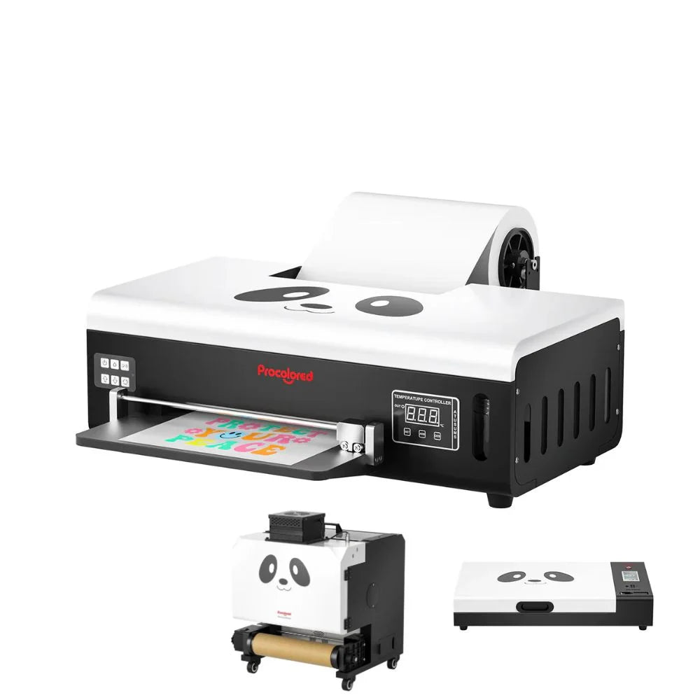 Angled procolored f8 dtf printer with roll film beside shaker and top-view insets on white background