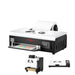 Angled procolored f8 dtf printer with roll film beside shaker and top-view insets on white background