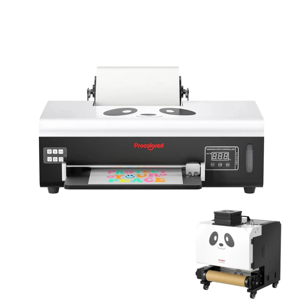 Front view of the procolored f8 dtf printer with roll film and a shaker unit inset in the corner
