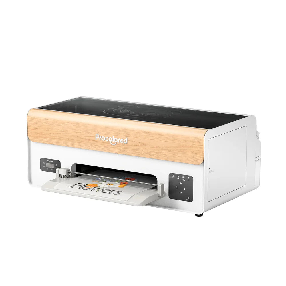 Angled front-right view of the procolored p13 DTF printer with output tray, printed film and touch panel on white background