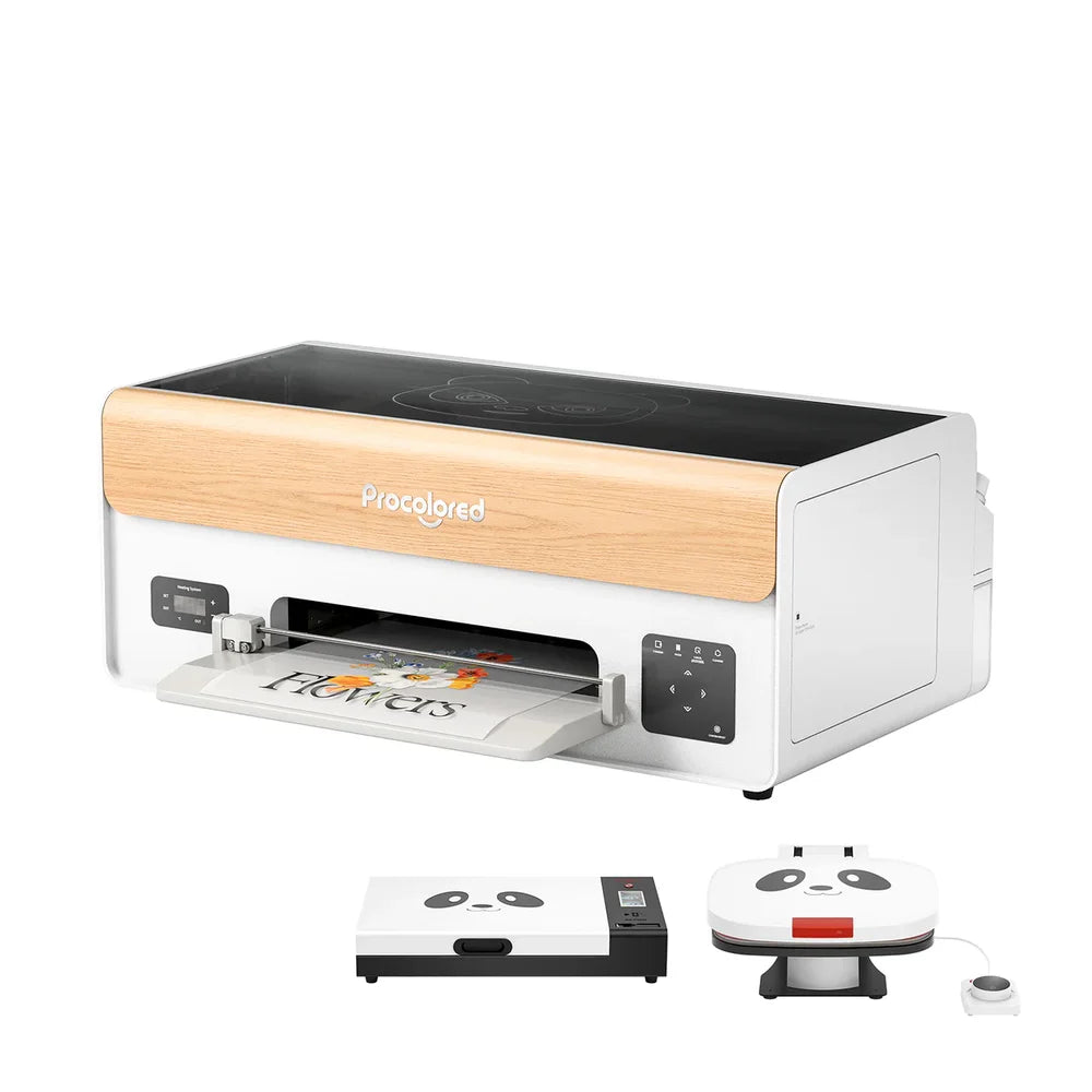 Procolored p13 dtf printer displayed with panda curing oven and heat press accessory insets on a white background