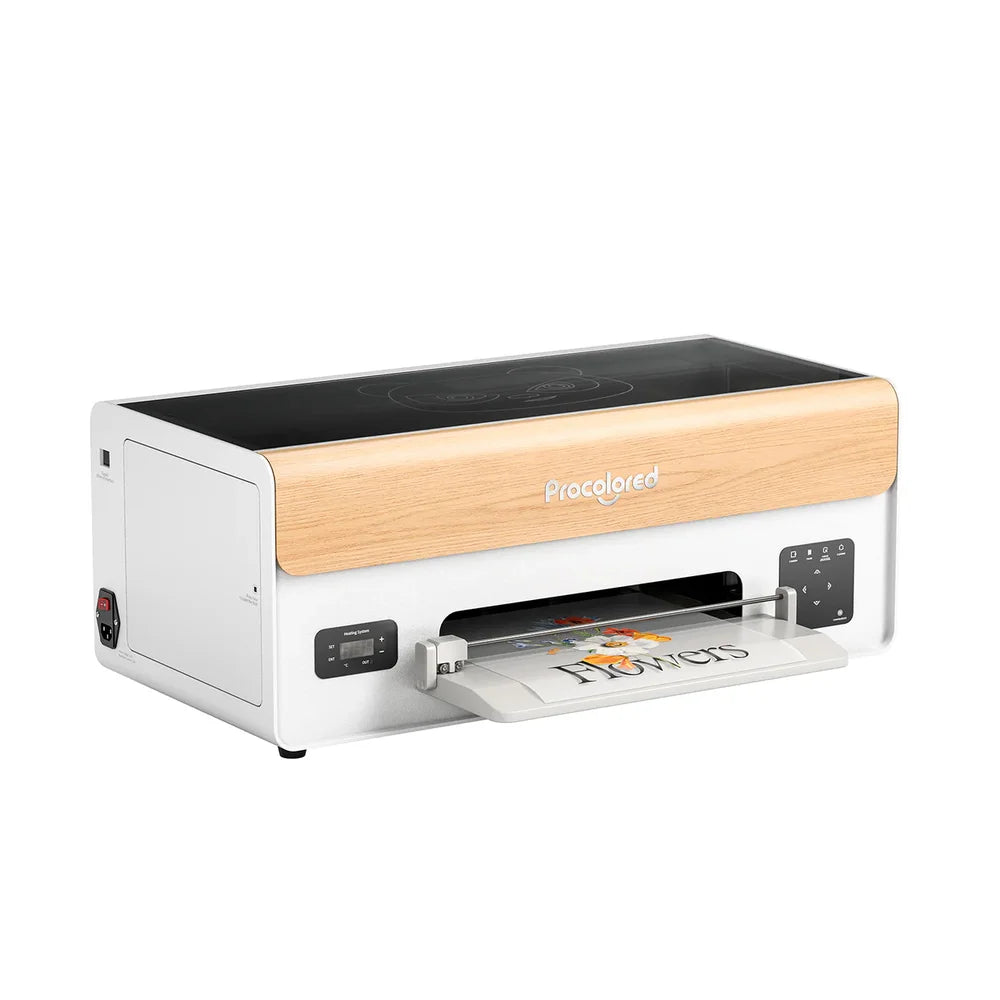 Angled front-left view of the procolored xp600 DTF printer showing feed tray, side power inlet and emergency stop button