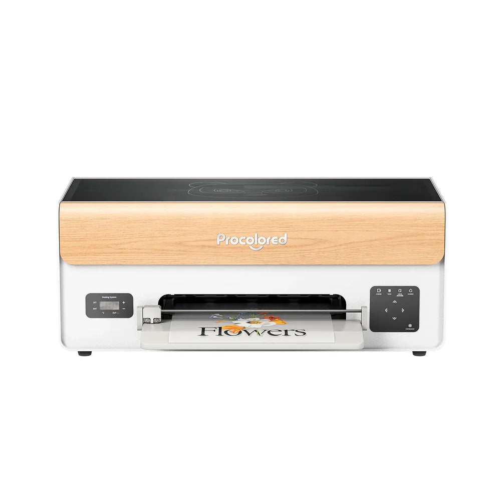 Straight-on front view of the procolored xp600 DTF printer with heating display, film feed and touch panel on white background