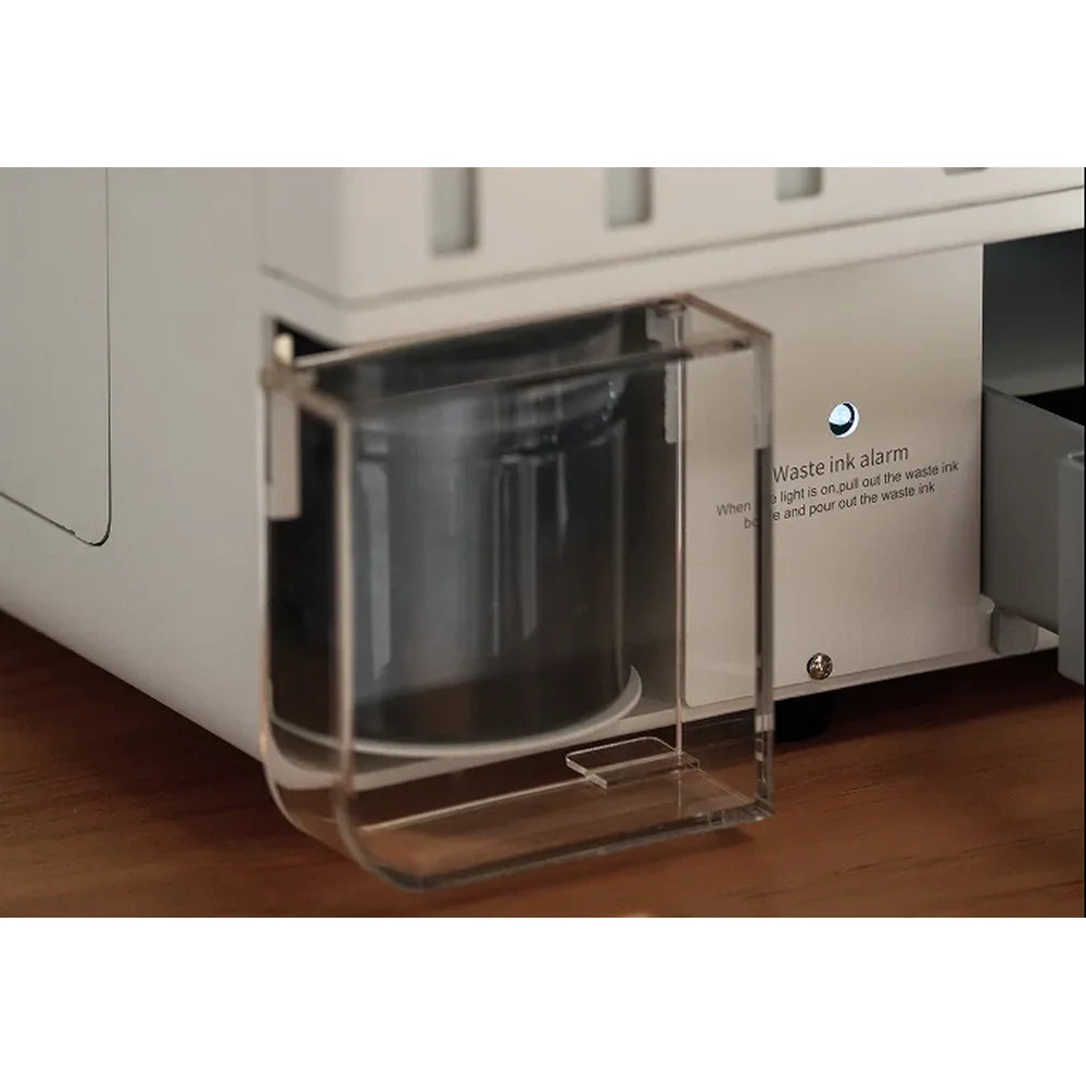 Close-up of the procolored p13 dtf printer 13 a3 xp600 transparent waste ink bottle and waste ink alarm indicator at the base