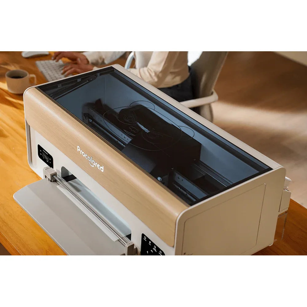 Angled top view of the procolored xp600 DTF printer with tinted glass lid and internal carriage visible through the window