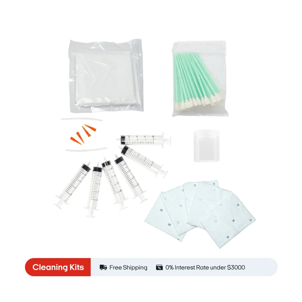 Complete Procolored Printer Maintenance Kit with swabs, syringes, tips, paper, bottle, and sponge pads
