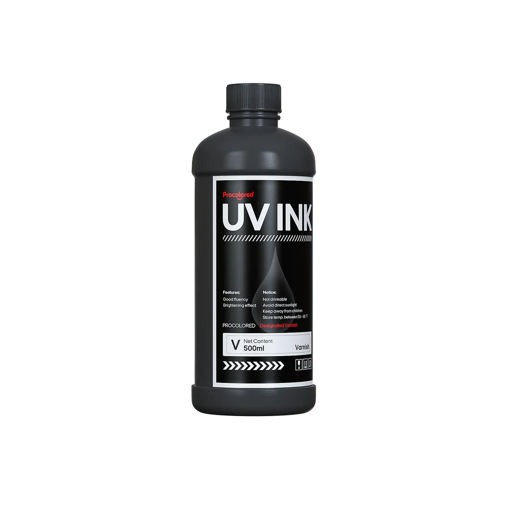 Black bottle of Procolored UV Gloss Varnish Ink 500ml viewed straight on with the front label visible