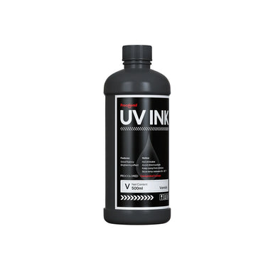 Black bottle of Procolored UV Gloss Varnish Ink 500ml viewed straight on with the front label visible