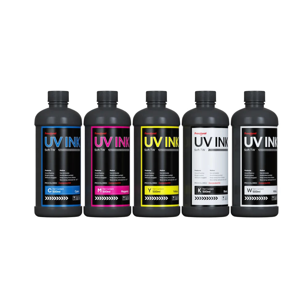 Five cyan, magenta, yellow, black, and white bottles of Procolored 500ml UV DTF Ink shown together