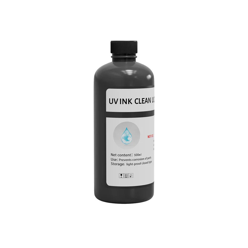 Angled black bottle of Procolored UV Ink Cleaning Solution 500ml with ribbed cap and gray label
