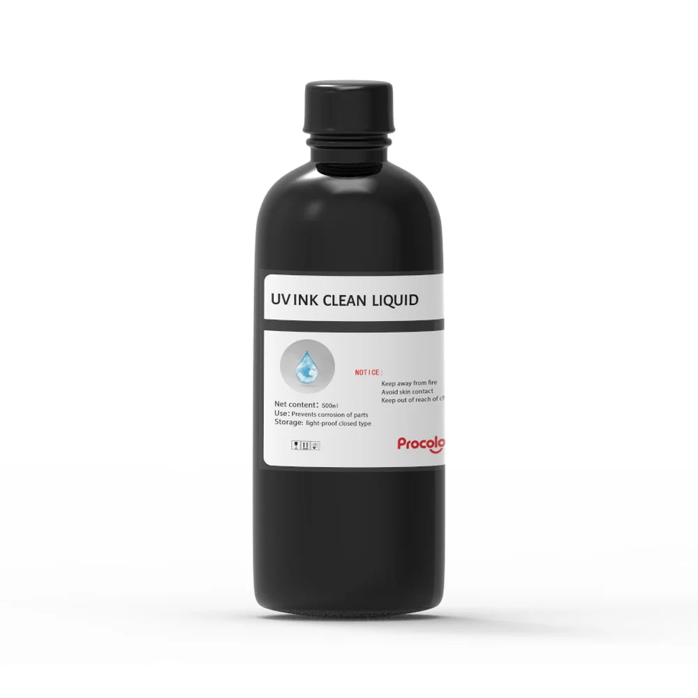 Front black bottle of Procolored UV Ink Cleaner Fluid 500ml with gray Procolored label on white