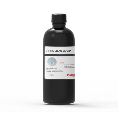 Front black bottle of Procolored UV Ink Cleaner Fluid 500ml with gray Procolored label on white