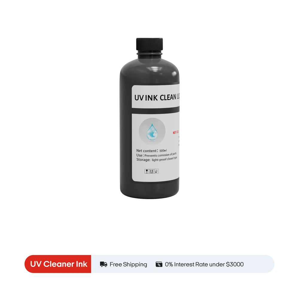 Procolored UV Ink Cleaner Liquid 500ml bottle on white with shipping and financing banner below