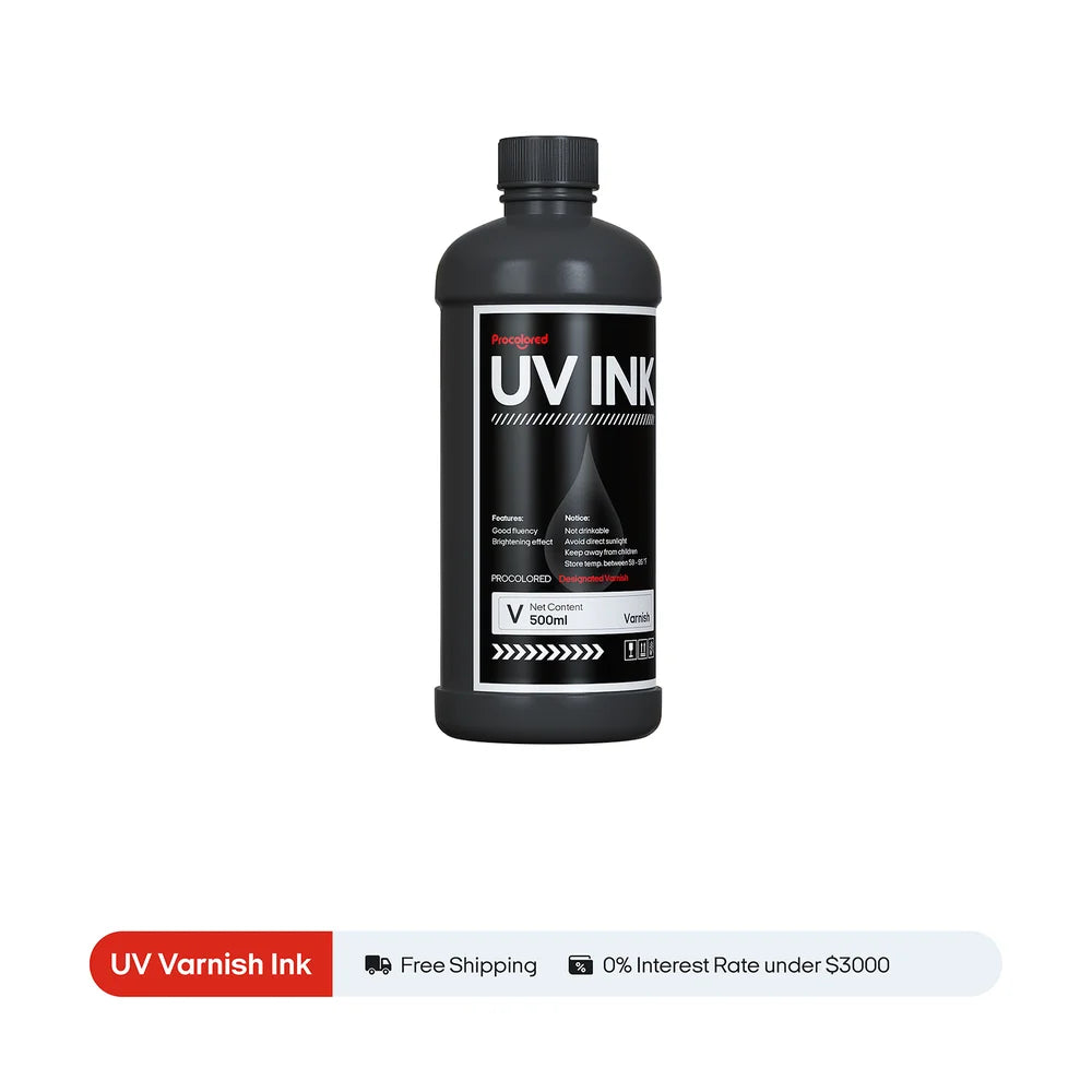 Procolored UV Gloss Varnish Ink 500ml bottle on white above a shipping and interest promotion strip
