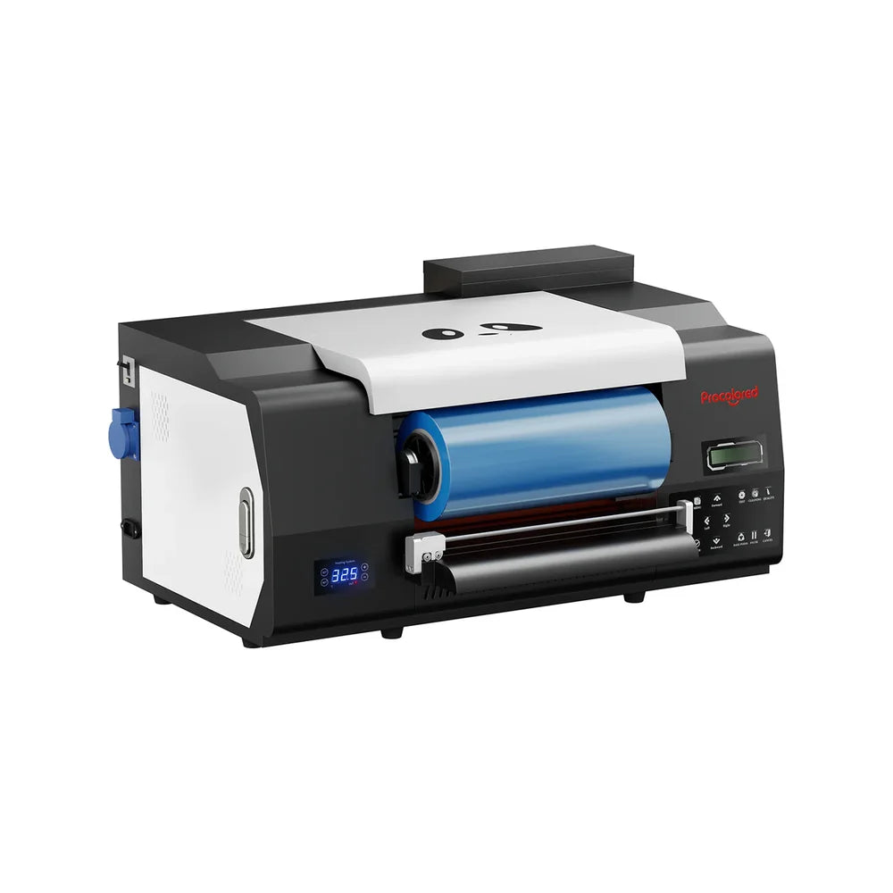 Left side angle of the procolored vf13 pro uv dtf printer showing blue laminating roll and heating temperature display