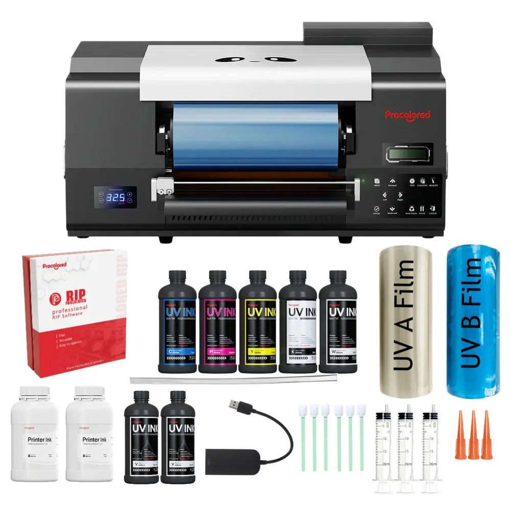 Dual head uv dtf printer shown with included UV ink bottles, A and B film rolls, RIP software and cleaning kit