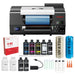Dual head uv dtf printer shown with included UV ink bottles, A and B film rolls, RIP software and cleaning kit