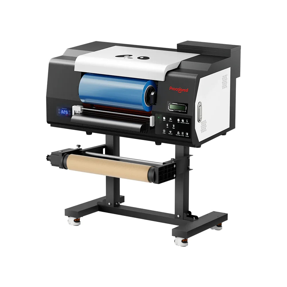 Dual head uv dtf printer mounted on the optional rolling stand with a rewinder holding a media roll below