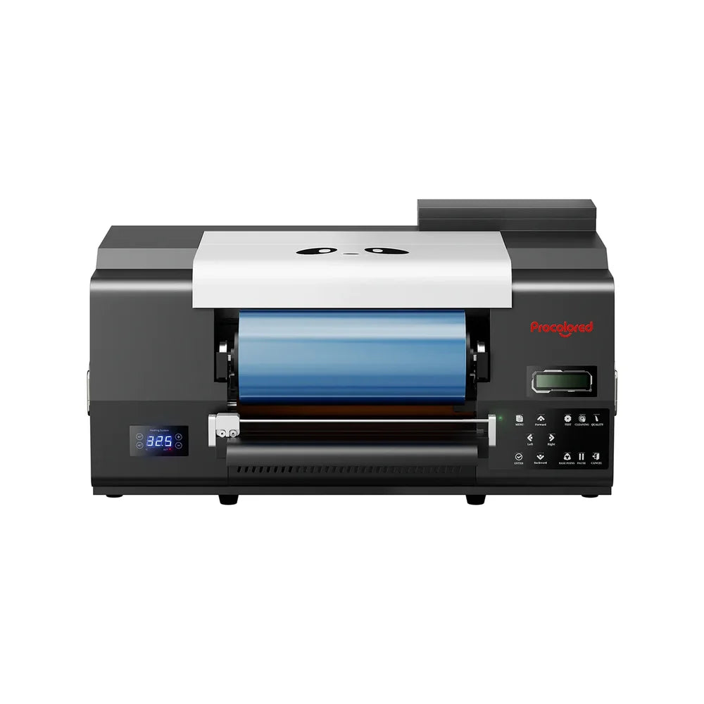 Front view of the procolored vf13 pro panda uv dtf printer with panda cover, laminating roll and control panel